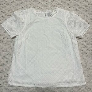 J. Crew Factory Eyelet Top White Lined Ruffle Neck Classic Short Sleeve - Size S